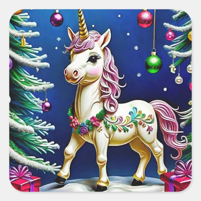unicorn at christmas square sticker (Front)