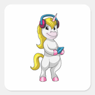 Unicorn at Listen to Music with Headphone Square Sticker