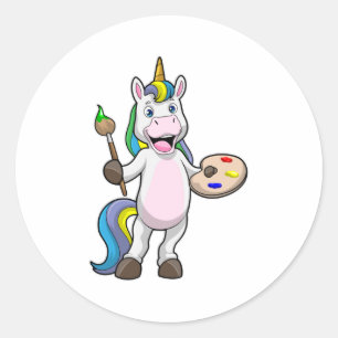 Unicorn at Painting with Brush & Colour Classic Round Sticker
