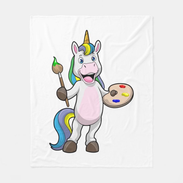 Unicorn at Painting with Brush & Colour Fleece Blanket (Front)