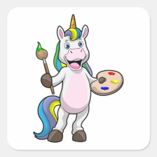 Unicorn at Painting with Brush & Colour Square Sticker