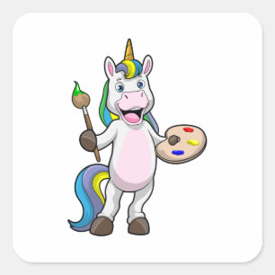 Unicorn at Painting with Brush & Colour Square Sticker
