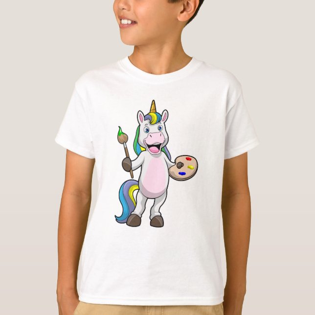 Unicorn at Painting with Brush & Colour T-Shirt (Front)