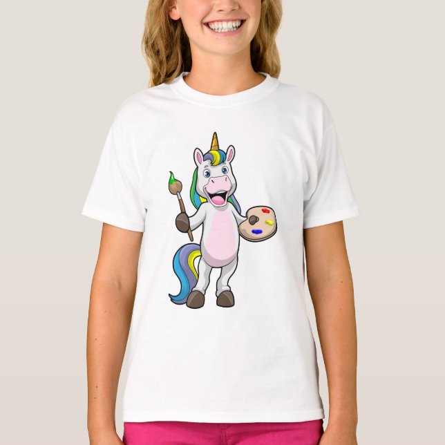 Unicorn at Painting with Brush & Colour T-Shirt (Front)