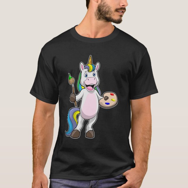 Unicorn at Painting with Brush & Colour T-Shirt (Front)