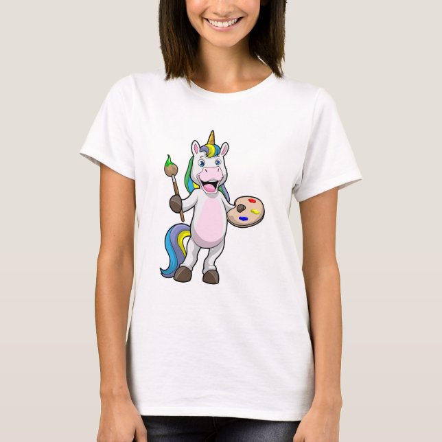 Unicorn at Painting with Brush & Colour T-Shirt (Front)