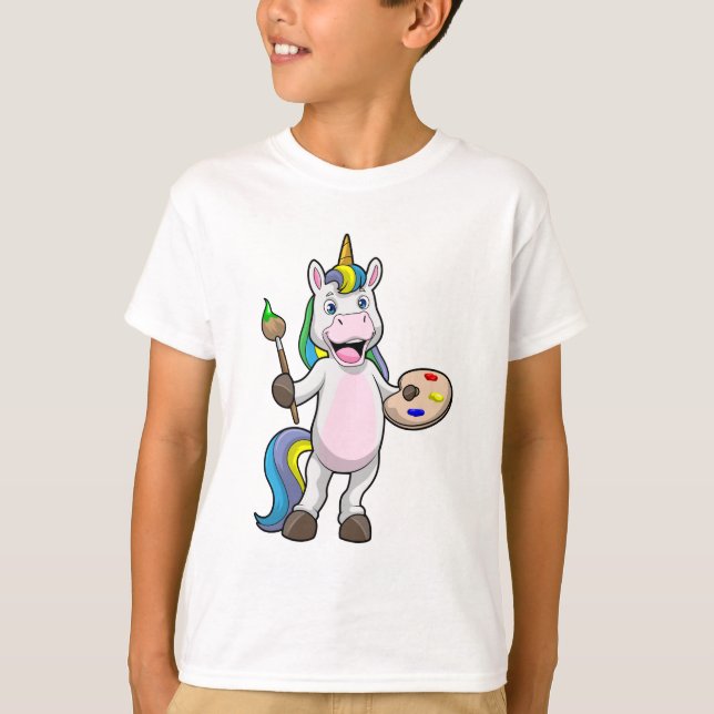 Unicorn at Painting with Brush & Colour T-Shirt (Front)
