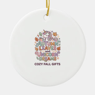 Unicorn Autumn Leaves and Unicorn Dreams Bold Typo Ceramic Tree Decoration