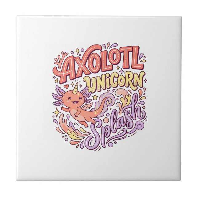 Unicorn Axolotl Unicorn Splash Whimsical White Bac Tile (Front)