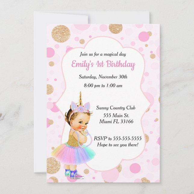 Unicorn Baby 1st Birthday Invitation 1 (Front)
