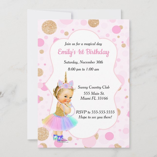 Unicorn Baby 1st Birthday Invitation 4 (Front)