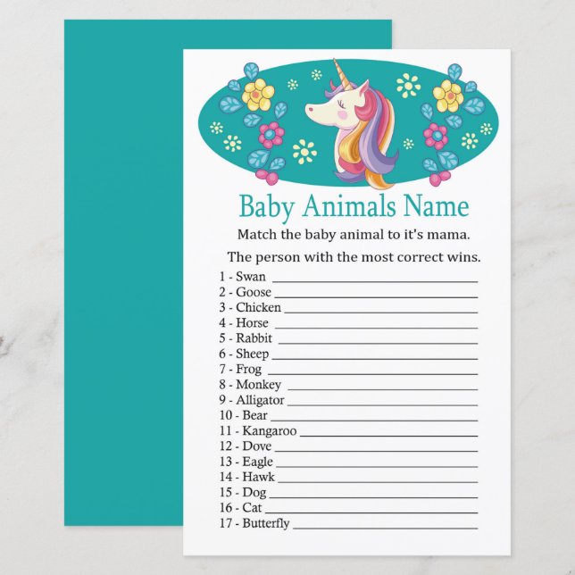 Unicorn Baby Animals Name Game (Front/Back)