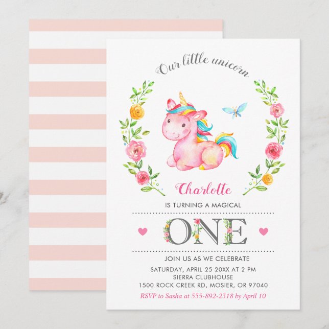 Unicorn Baby Girl Floral 1st First Birthday Party Invitation (Front/Back)