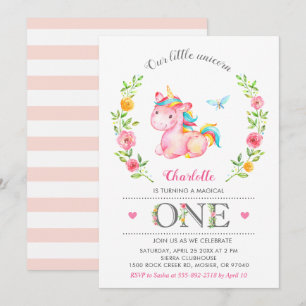 Unicorn Baby Girl Floral 1st First Birthday Party Invitation