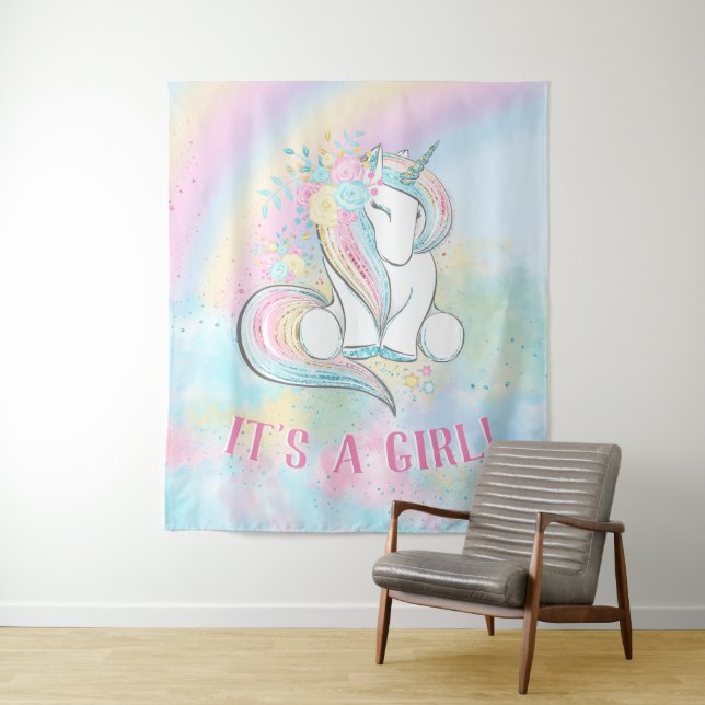 Unicorn Baby Girl Shower Backrop Banner Tapestry (In Situ)