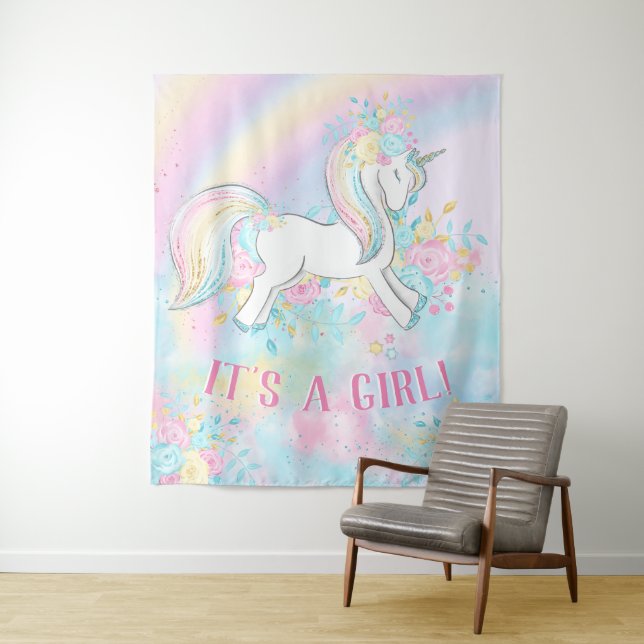 Unicorn Baby Girl Shower Backrop Banner Tapestry (In Situ)
