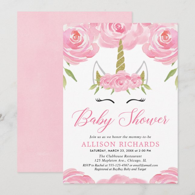 Unicorn baby girl shower invitation (Front/Back)