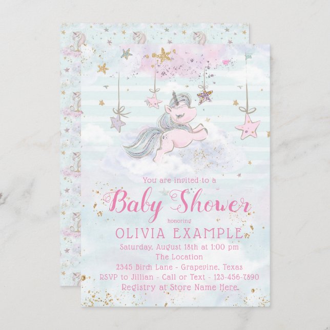 Unicorn Baby Girl Shower Invitations (Front/Back)