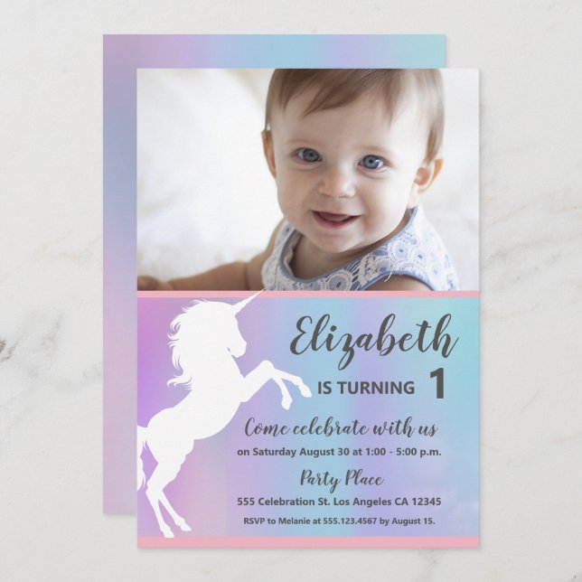 Unicorn Baby Photo First birthday party Invitation (Front/Back)