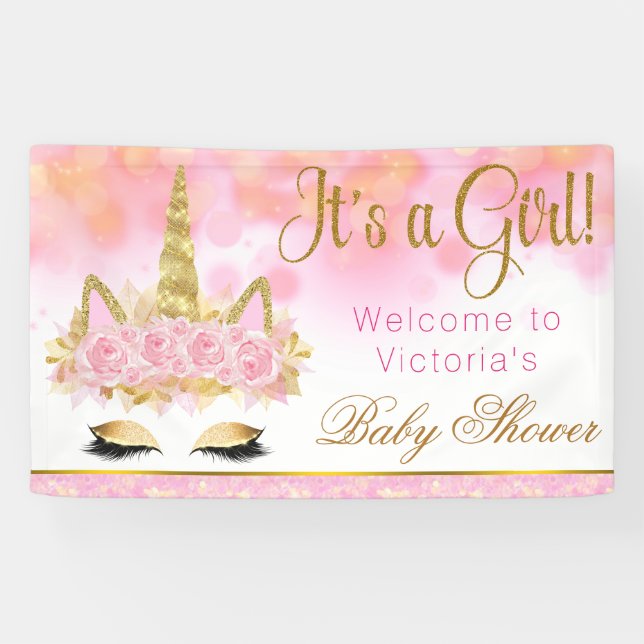 Unicorn Baby Shower Banner Pink Gold (Horizontal)