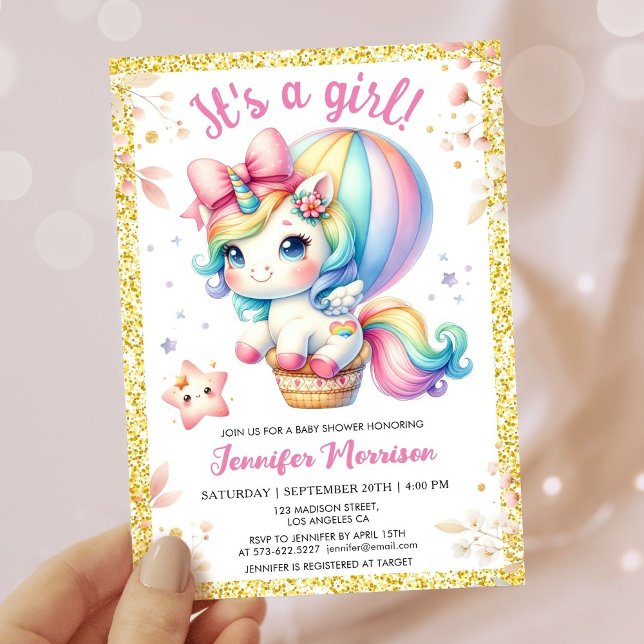 Unicorn Baby Shower Floral Blush Girl Pink & Gold Invitation (Creator Uploaded)