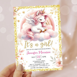 Unicorn Baby Shower Girl Pink & Gold Fairy  Invitation