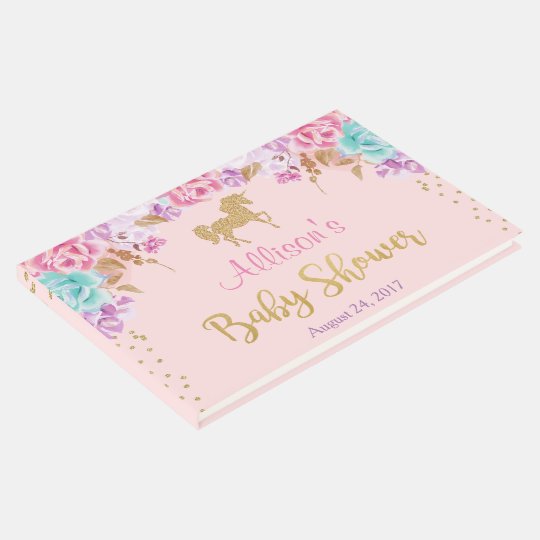 Unicorn baby shower guest book, pink and gold guest book