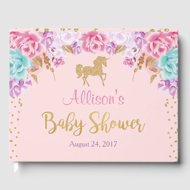 Unicorn baby shower guest book, pink and gold guest book (Front)