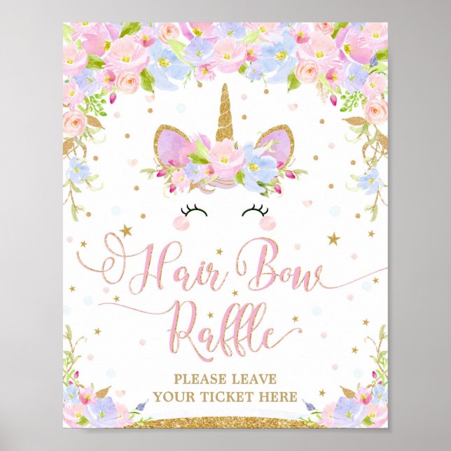Unicorn Baby Shower Hair Bow Raffle Sign Poster (Front)