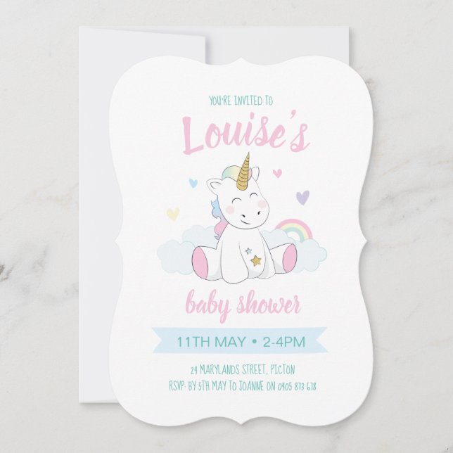 Unicorn baby shower Invitation, cute unicorn Invitation (Front)