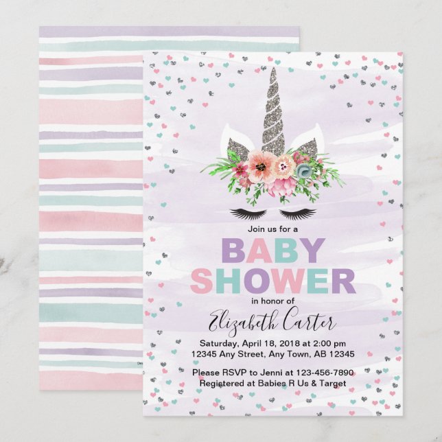 Unicorn baby shower invitation for girls purple (Front/Back)