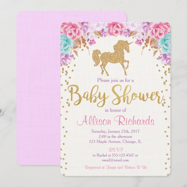Unicorn baby shower invitation pink and gold (Front/Back)