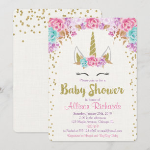 Unicorn baby shower invitation pink and gold