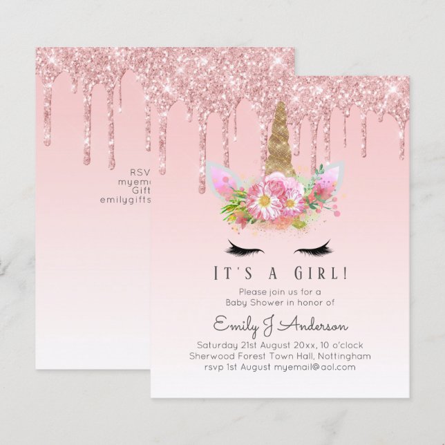 Unicorn Baby Shower Invitation Pink Girls Cute (Front/Back)