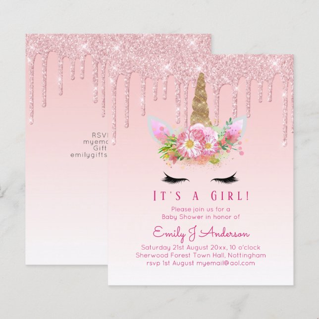 Unicorn Baby Shower Invitation Pink Girls Cute (Front/Back)
