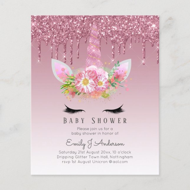 Unicorn Baby Shower Invitation Pink Girls Cute Flyer (Front)