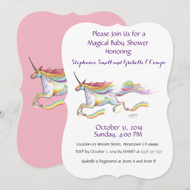 Unicorn Baby Shower Invitation Rainbow Custom Pink (Front/Back)