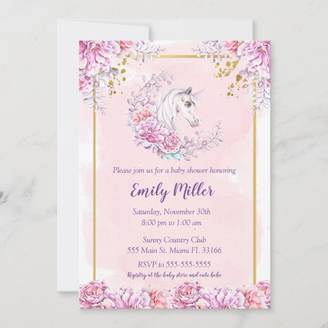 Unicorn baby shower invitation watercolor (Front)