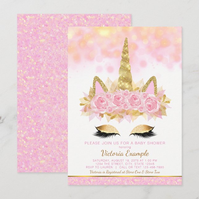 Unicorn Baby Shower Invitations Pink Gold Unicorn (Front/Back)
