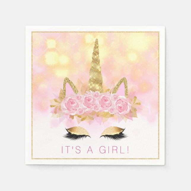 Unicorn Baby Shower Napkins Pink Gold Unicorn Face (Front)