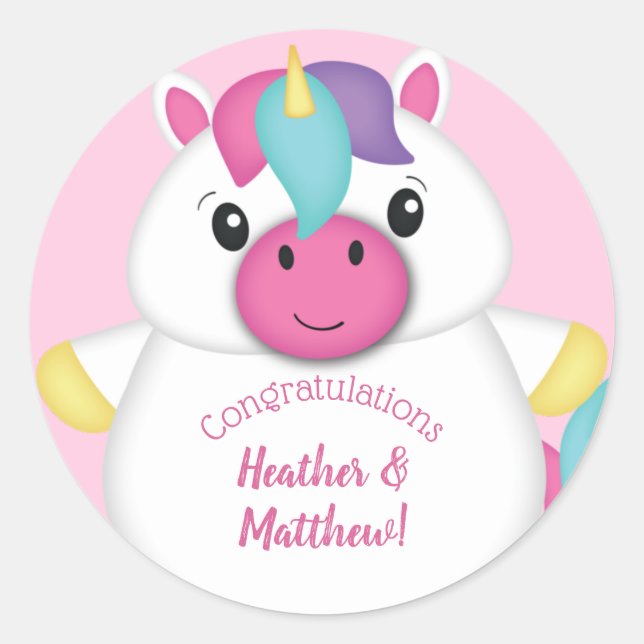 Unicorn Baby Shower Pink Classic Round Sticker (Front)