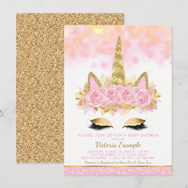 Unicorn Baby Shower Pink Gold Unicorn Face Invitation (Front/Back)