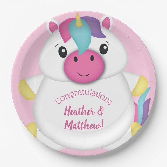 Unicorn Baby Shower Pink Paper Plate (Front)