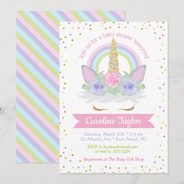 Unicorn Baby Shower Pink & Purple Rainbow Invitation (Front/Back)