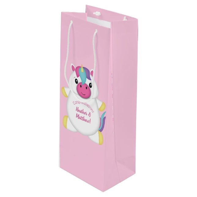 Unicorn Baby Shower Pink Wine Gift Bag (Front Angled)
