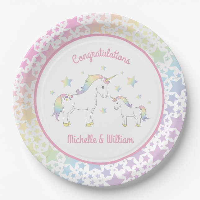 Unicorn Baby Shower Rainbow Paper Plate (Front)