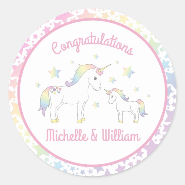Unicorn Baby Shower Rainbow Pastel Classic Round Sticker (Front)