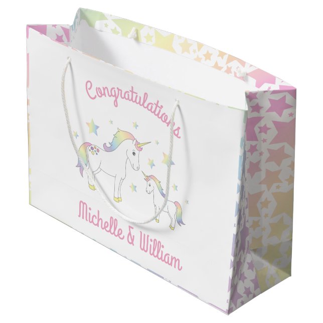 Unicorn Baby Shower Rainbow Pastel Large Gift Bag (Back Angled)