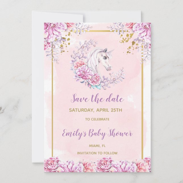 Unicorn baby shower save the date (Front)