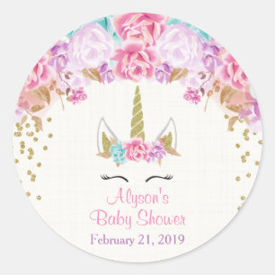 Unicorn baby shower stickers, pink and gold classic round sticker